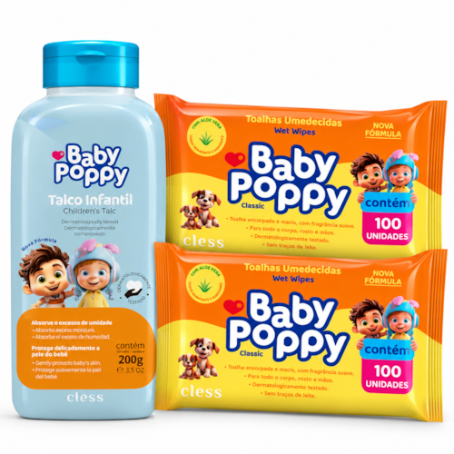 Kit Baby Poppy Higiene Talco Infantil 200g + 2 Lenços 100un