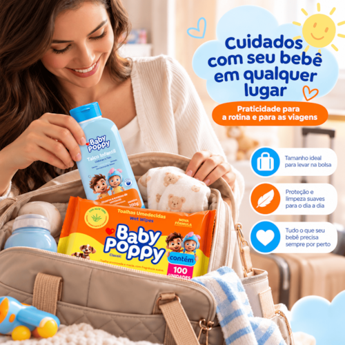 Kit Baby Poppy Higiene Talco Infantil 200g + 2 Lenços 100un