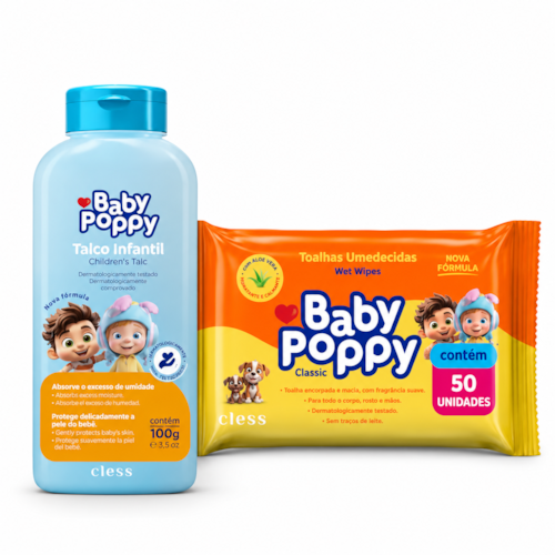 Kit Baby Poppy Talco Infantil 100g e Lenço Umedecido Classic 50 Un