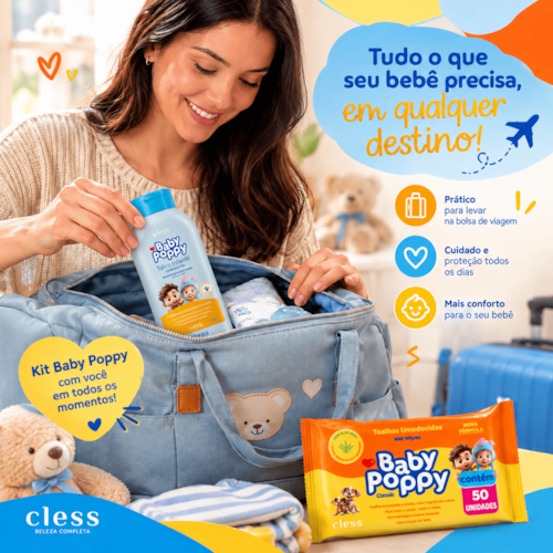 Kit Baby Poppy Talco Infantil 100g e Lenço Umedecido Classic 50 Un