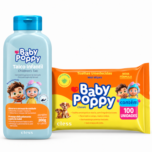 Kit Baby Poppy Talco Infantil 200g e Lenço Umedecido Classic 100 Un