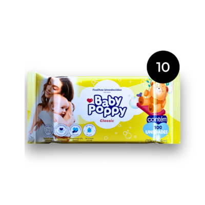 Kit Lenço Umedecido Baby Poppy Classic 1000 lenços (10x100)
