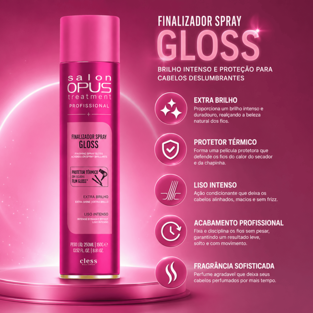 Hair Spray Finalizador Antitérmico 250ml Efeito Gloss Uso Profissional Salon opus