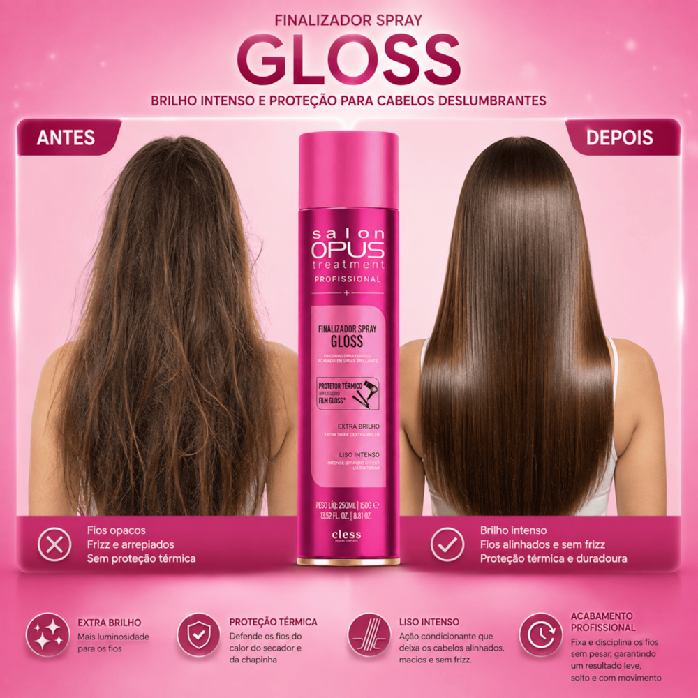 Hair Spray Finalizador Antitérmico 250ml Efeito Gloss Uso Profissional Salon opus
